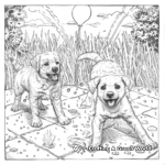 Cute Dogs Playing in a Sprinkler Summer Coloring Pages 2