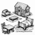 Doll House Furniture Coloring Pages: Bed, Table, Chairs 1