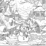 Enchanted Snowy Village with Frosty Coloring Pages 1
