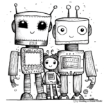 Lovely Robot Family Coloring Pages: Parents and Baby bots 2