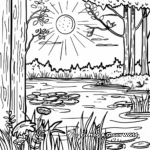 Midday Sun Pond Scene Coloring Pages 4