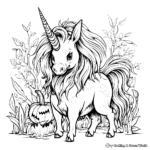 Páginas para colorear del mítico unicornio calabaza en el bosque 3