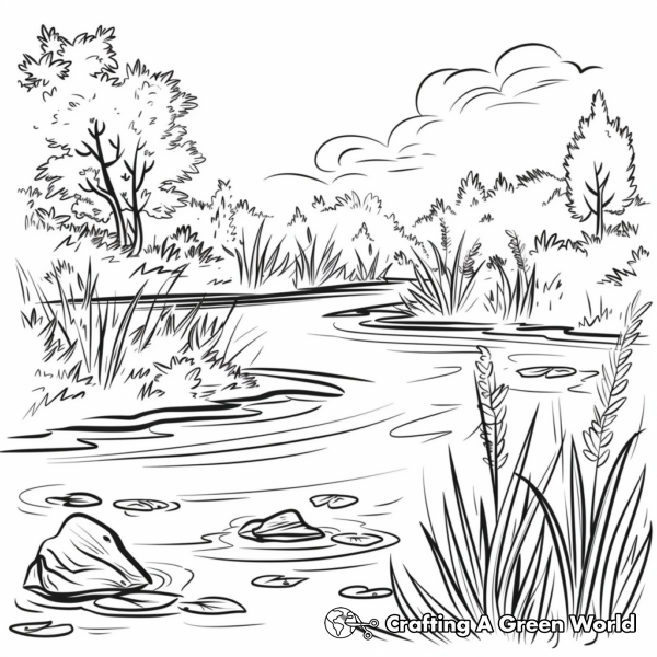 Peaceful Pond Landscape Coloring Pages 1