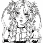 Romantic Anime Girl with Long Braided Hair Coloring Pages 1