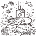 Submarine with Marine Life: Ocean-Scene Coloring Pages 1