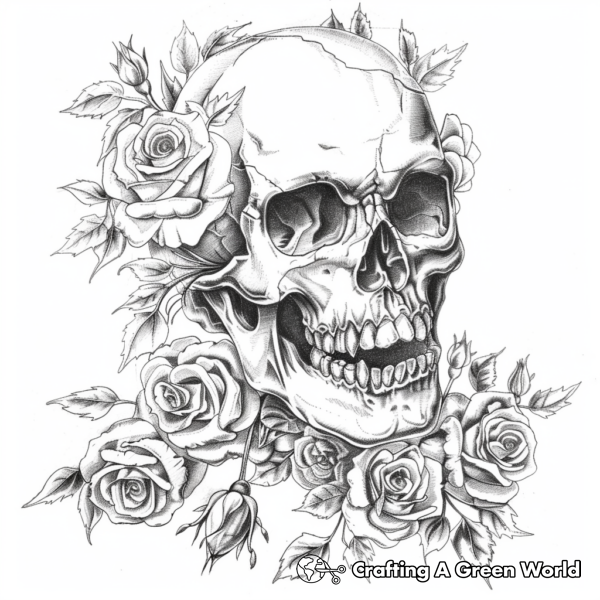 Cool Gothic Skull and Roses Coloring Pages 1