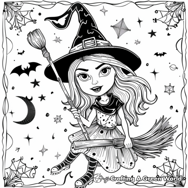 Spooky Witch on a Broom Coloring Pages 1